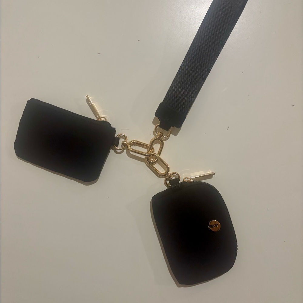 Black Dual Pouch Crossbody Strap with Gold Hardware